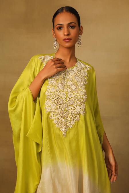 Neha Poddar Green Silk Embroidery Round Neck Cutwork Kaftan And Tulip Pant Set at Aza Fashions Neha Poddar_Green Silk Embroidery Round Neck Cutwork Kaftan And Tulip Pant Set _at_Aza_Fashions