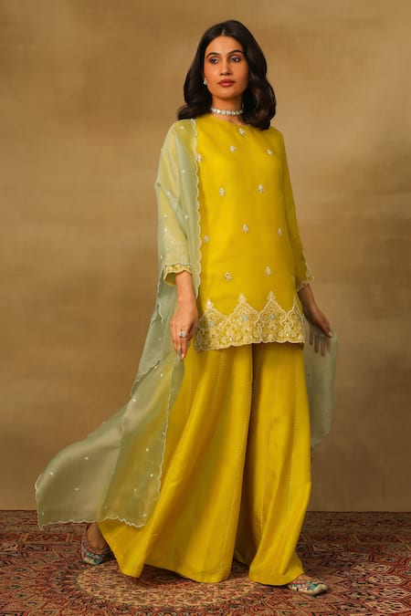 Neha Poddar Yellow Kurta Organza Embroidered Pearl Closed Round Sharara Set 