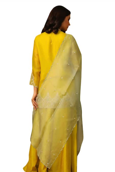 Neha Poddar Yellow Organza, Silk Pearls Round Neck Embroidered Kurta Sharara Set Online at Aza Fashions Neha Poddar_Yellow Organza, Silk Pearls Round Neck Embroidered Kurta Sharara Set _Online_at_Aza_Fashions