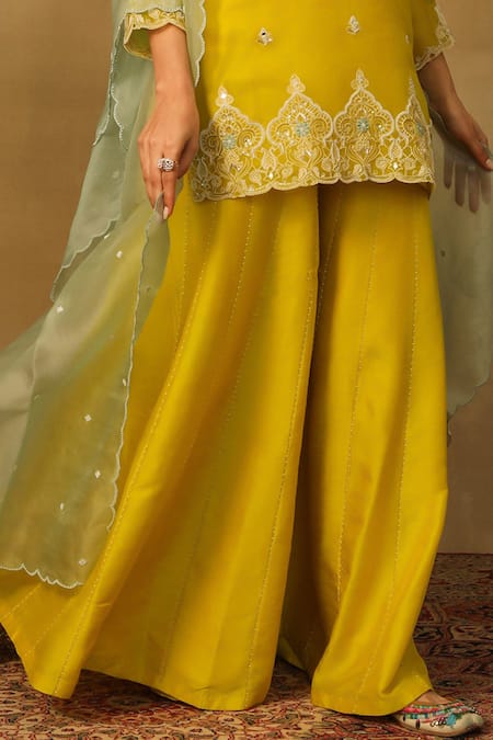 Buy Neha Poddar Yellow Organza, Silk Pearls Round Neck Embroidered Kurta Sharara Set Online at Aza Fashions Buy_Neha Poddar_Yellow Organza, Silk Pearls Round Neck Embroidered Kurta Sharara Set _Online_at_Aza_Fashions