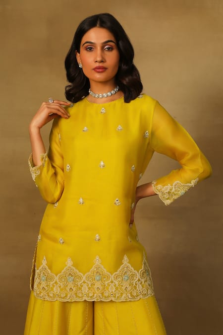 Shop Neha Poddar Yellow Organza, Silk Pearls Round Neck Embroidered Kurta Sharara Set Online at Aza Fashions Shop_Neha Poddar_Yellow Organza, Silk Pearls Round Neck Embroidered Kurta Sharara Set _Online_at_Aza_Fashions