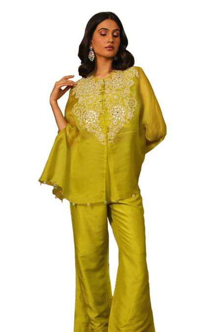 Neha Poddar_Green Silk, Organza Pearls, Mirrors Round Neck Embroidered Work Kurta Set _Online_at_Aza_Fashions