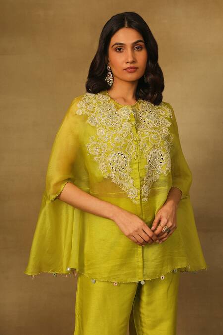 Neha Poddar_Green Silk, Organza Pearls, Mirrors Round Neck Embroidered Work Kurta Set _at_Aza_Fashions
