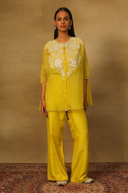 Neha Poddar Yellow Short Kurta Organza Embroidered Pearl Round Pant Set 