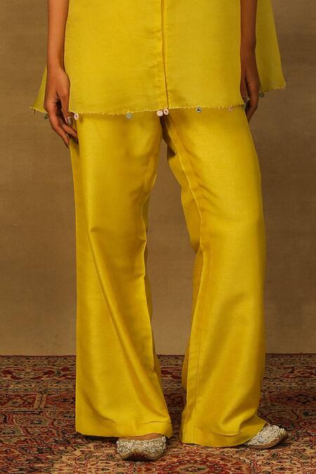 Neha Poddar_Yellow Silk, Organza Pearls, Mirrors Round Neck Embroidered Kurta And Pant Set _Online_at_Aza_Fashions