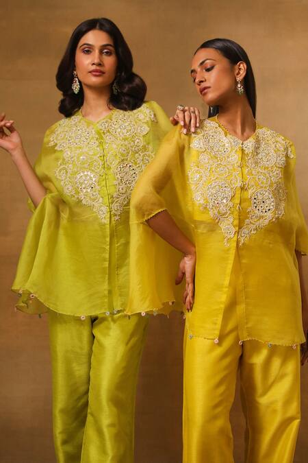 Shop_Neha Poddar_Yellow Silk, Organza Pearls, Mirrors Round Neck Embroidered Kurta And Pant Set _Online_at_Aza_Fashions