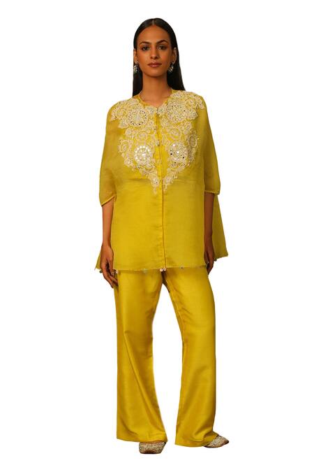 Buy_Neha Poddar_Yellow Silk, Organza Pearls, Mirrors Round Neck Embroidered Kurta And Pant Set 