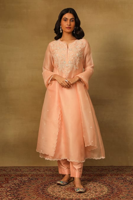 Neha Poddar Peach Kurta Organza Embroidered Pearl Notched Pant Set 