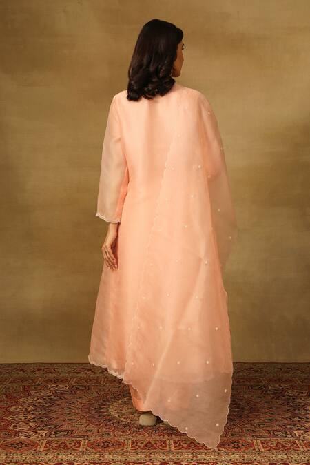 Neha Poddar Peach Pearl Embroidered Kurta Set 
