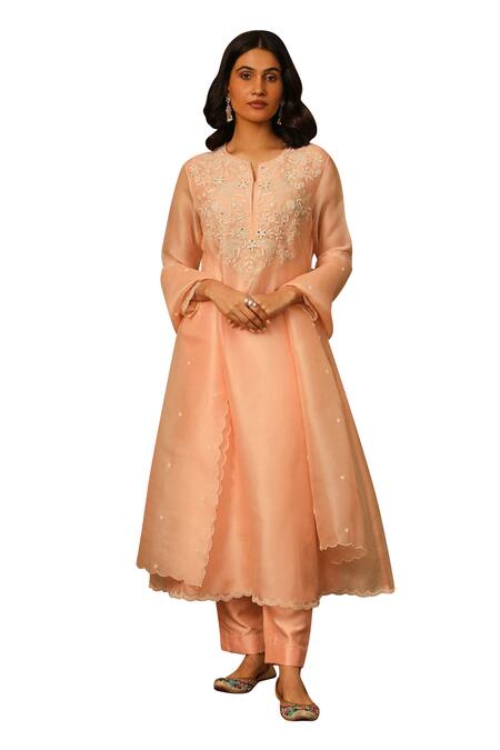 Buy_Neha Poddar_Peach Organza, Silk Embroidery, Pearls Collared Kurta Set _Online_at_Aza_Fashions