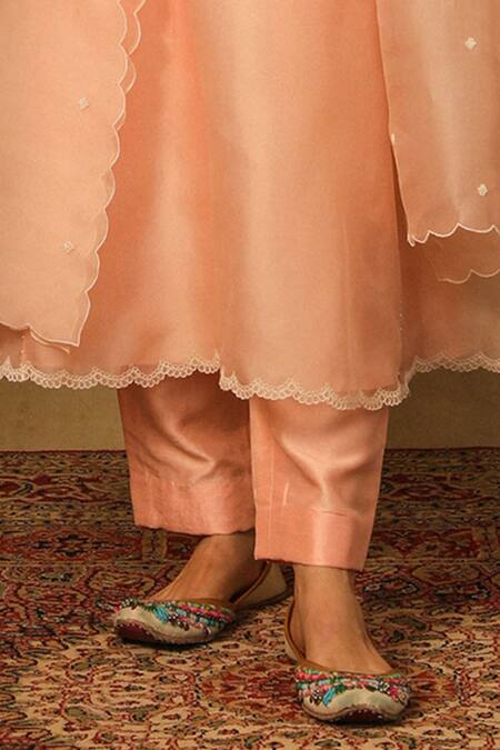 Shop_Neha Poddar_Peach Organza, Silk Embroidery, Pearls Collared Kurta Set _Online_at_Aza_Fashions