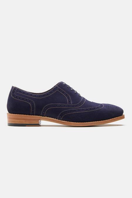 Kozasko_Blue Stitchline Thread Navy Suede Wingtip Oxfords _Online_at_Aza_Fashions