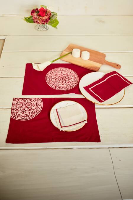 Shop Inheritance India Maroon 100% Cotton Block Print Rangoli 4 Pcs Table Mats at Aza Fashions Shop_Inheritance India_Maroon 100% Cotton Block Print Rangoli 4 Pcs Table Mats_at_Aza_Fashions