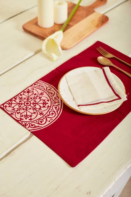 Shop Inheritance India Maroon 100% Cotton Block Print Rangoli 4 Pcs Table Mats Online at Aza Fashions Shop_Inheritance India_Maroon 100% Cotton Block Print Rangoli 4 Pcs Table Mats_Online_at_Aza_Fashions