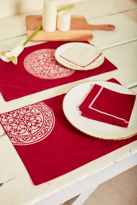 Shop Inheritance India Maroon 100% Cotton Block Print Rangoli 4 Pcs Table Mats Shop_Inheritance India_Maroon 100% Cotton Block Print Rangoli 4 Pcs Table Mats