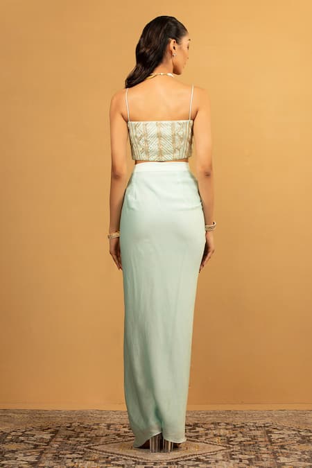 Shop Esha Koul Sky Blue Georgette, Satin Gota Patti Embroidered Blouse And Dhoti Skirt Set at Aza Fashions Shop_Esha Koul_Sky Blue Georgette, Satin Gota Patti Embroidered Blouse And Dhoti Skirt Set _at_Aza_Fashions