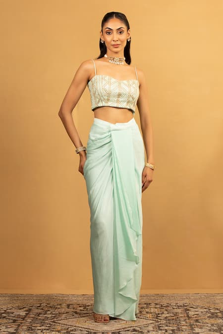 Buy Esha Koul Sky Blue Georgette, Satin Gota Patti Embroidered Blouse And Dhoti Skirt Set Online at Aza Fashions Buy_Esha Koul_Sky Blue Georgette, Satin Gota Patti Embroidered Blouse And Dhoti Skirt Set _Online_at_Aza_Fashions