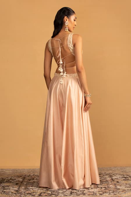 Shop Esha Koul Peach Chanderi, Georgette Pearls, Tassels, Gota Embroidered Blouse And Sharara Set at Aza Fashions Shop_Esha Koul_Peach Chanderi, Georgette Pearls, Tassels, Gota Embroidered Blouse And Sharara Set _at_Aza_Fashions