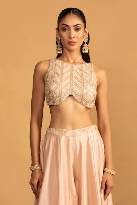 Esha Koul Peach Chanderi, Georgette Pearls, Tassels, Gota Embroidered Blouse And Sharara Set Online at Aza Fashions Esha Koul_Peach Chanderi, Georgette Pearls, Tassels, Gota Embroidered Blouse And Sharara Set _Online_at_Aza_Fashions