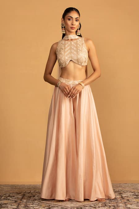 Buy Esha Koul Peach Chanderi, Georgette Pearls, Tassels, Gota Embroidered Blouse And Sharara Set Online at Aza Fashions Buy_Esha Koul_Peach Chanderi, Georgette Pearls, Tassels, Gota Embroidered Blouse And Sharara Set _Online_at_Aza_Fashions