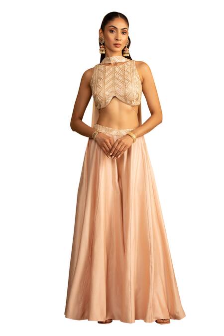 Shop Esha Koul Peach Chanderi, Georgette Pearls, Tassels, Gota Embroidered Blouse And Sharara Set Online at Aza Fashions Shop_Esha Koul_Peach Chanderi, Georgette Pearls, Tassels, Gota Embroidered Blouse And Sharara Set _Online_at_Aza_Fashions