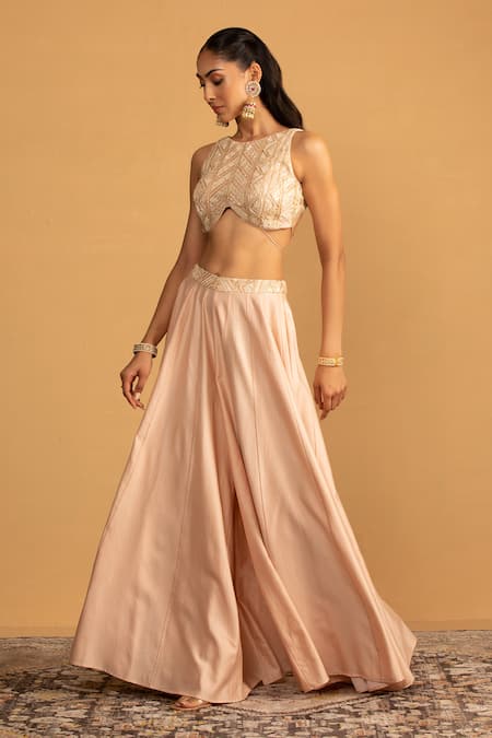 Esha Koul Peach Chanderi, Georgette Pearls, Tassels, Gota Embroidered Blouse And Sharara Set at Aza Fashions Esha Koul_Peach Chanderi, Georgette Pearls, Tassels, Gota Embroidered Blouse And Sharara Set _at_Aza_Fashions