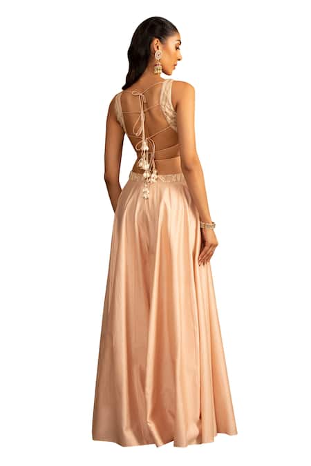 Buy Esha Koul Peach Chanderi, Georgette Pearls, Tassels, Gota Embroidered Blouse And Sharara Set Buy_Esha Koul_Peach Chanderi, Georgette Pearls, Tassels, Gota Embroidered Blouse And Sharara Set