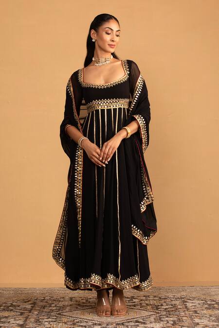 Esha Koul Black Georgette Gota Patti Square Neck Embroidered Anarkali And Churidaar Set Online at Aza Fashions Esha Koul_Black Georgette Gota Patti Square Neck Embroidered Anarkali And Churidaar Set _Online_at_Aza_Fashions