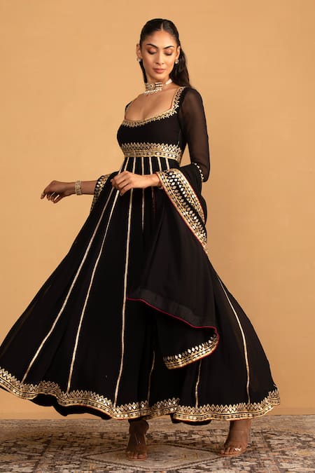 Shop Esha Koul Black Georgette Gota Patti Square Neck Embroidered Anarkali And Churidaar Set Online at Aza Fashions Shop_Esha Koul_Black Georgette Gota Patti Square Neck Embroidered Anarkali And Churidaar Set _Online_at_Aza_Fashions