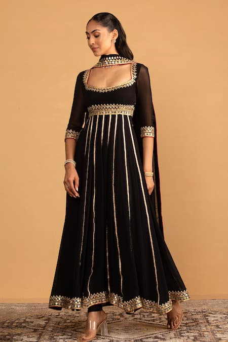 Esha Koul Black Georgette Gota Patti Square Neck Embroidered Anarkali And Churidaar Set at Aza Fashions Esha Koul_Black Georgette Gota Patti Square Neck Embroidered Anarkali And Churidaar Set _at_Aza_Fashions