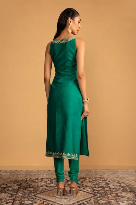 Shop_Esha Koul_Green Organza, Chanderi, Crepe Gota Patti Embroidered Kurta And Churidaar Set _at_Aza_Fashions