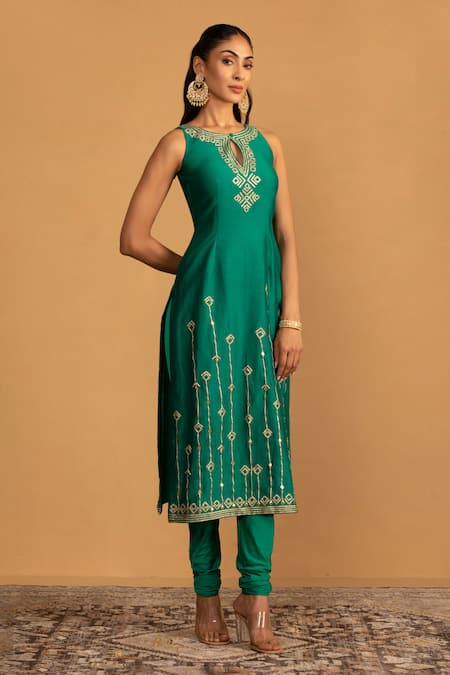 Esha Koul_Green Organza, Chanderi, Crepe Gota Patti Embroidered Kurta And Churidaar Set _at_Aza_Fashions