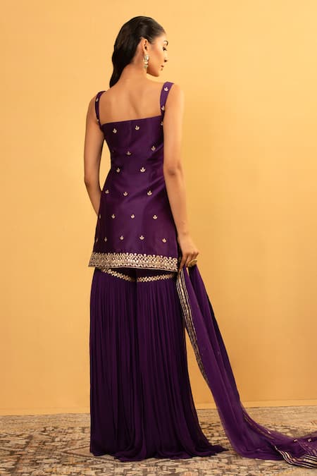 Shop_Esha Koul_Purple Chanderi, Georgette Embroidery, Gota Patti Sweetheart Kurta And Sharara Set _at_Aza_Fashions