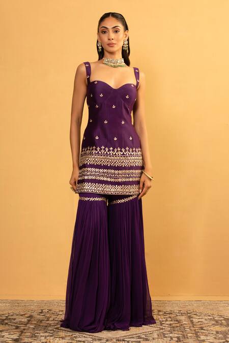 Esha Koul_Purple Chanderi, Georgette Embroidery, Gota Patti Sweetheart Kurta And Sharara Set _Online_at_Aza_Fashions