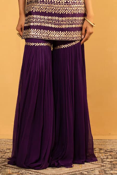 Buy_Esha Koul_Purple Chanderi, Georgette Embroidery, Gota Patti Sweetheart Kurta And Sharara Set _Online_at_Aza_Fashions