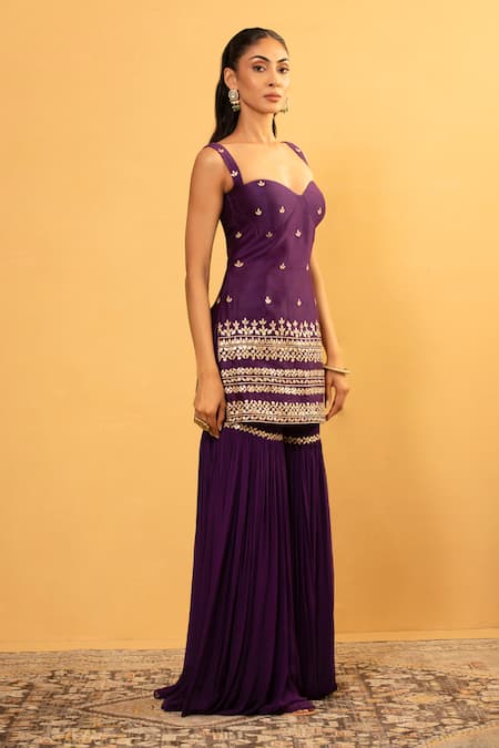 Shop_Esha Koul_Purple Chanderi, Georgette Embroidery, Gota Patti Sweetheart Kurta And Sharara Set _Online_at_Aza_Fashions