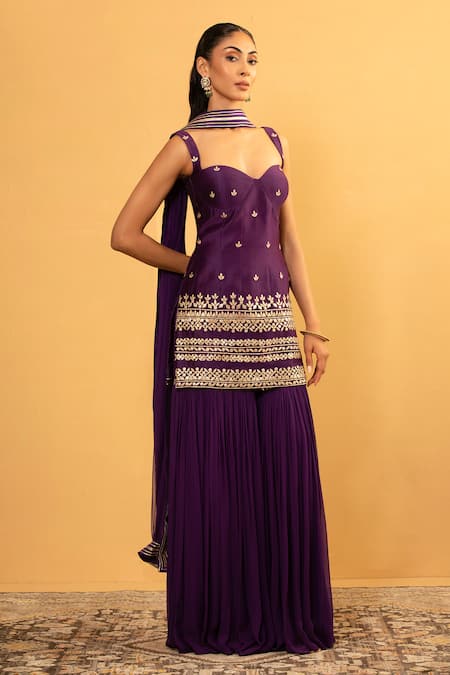 Esha Koul_Purple Chanderi, Georgette Embroidery, Gota Patti Sweetheart Kurta And Sharara Set _at_Aza_Fashions