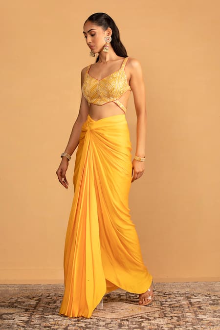 Esha Koul Yellow Georgette Embroidery Gota Geometric Blouse With Draped Dhoti Skirt 