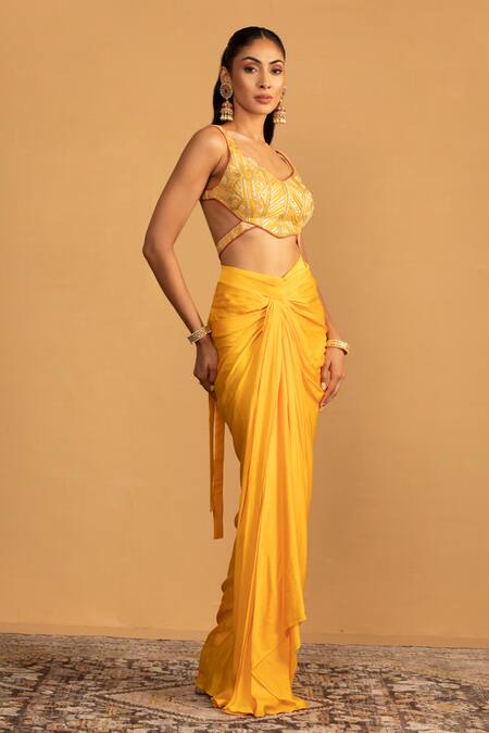 Shop Esha Koul Yellow Georgette, Satin Gota Patti Embroidered Blouse With Draped Dhoti Skirt Online at Aza Fashions Shop_Esha Koul_Yellow Georgette, Satin Gota Patti Embroidered Blouse With Draped Dhoti Skirt _Online_at_Aza_Fashions