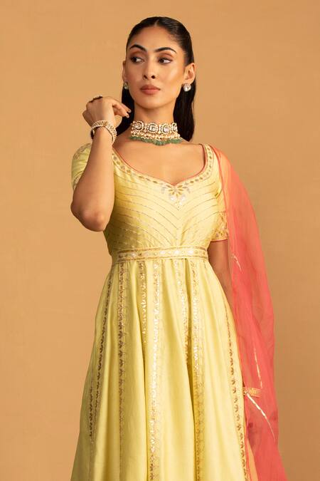 Esha Koul_Green Organza, Chanderi, Crepe Gota Patti, Embroidery Anarkali And Churidar Set _Online_at_Aza_Fashions