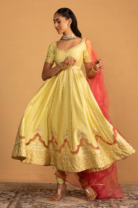 Buy_Esha Koul_Green Organza, Chanderi, Crepe Gota Patti, Embroidery Anarkali And Churidar Set _Online_at_Aza_Fashions