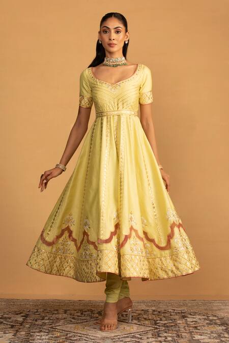Shop_Esha Koul_Green Organza, Chanderi, Crepe Gota Patti, Embroidery Anarkali And Churidar Set _Online_at_Aza_Fashions