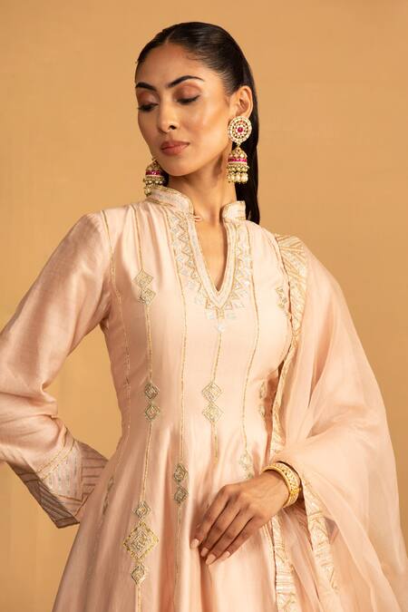Esha Koul_Peach Organza, Chanderi Gota Patti Embroidered Peplum Kurta And Lehenga Set _Online_at_Aza_Fashions