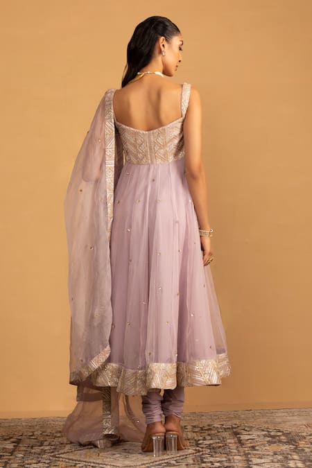 Shop_Esha Koul_Purple Organza, Georgette Embroidery, Sequins Anarkali And Churidaar Set _at_Aza_Fashions
