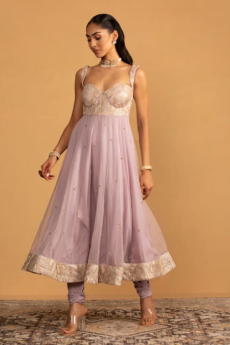 Esha Koul_Purple Organza, Georgette Embroidery, Sequins Anarkali And Churidaar Set _Online_at_Aza_Fashions
