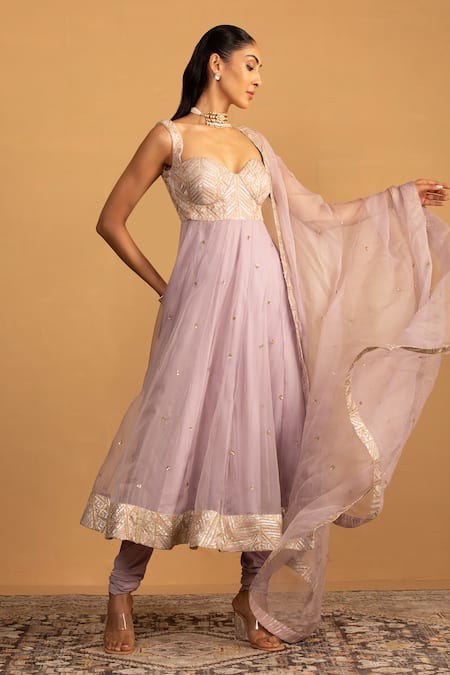 Buy_Esha Koul_Purple Organza, Georgette Embroidery, Sequins Anarkali And Churidaar Set _Online_at_Aza_Fashions