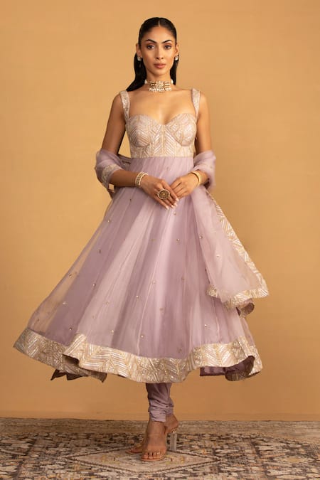 Shop_Esha Koul_Purple Organza, Georgette Embroidery, Sequins Anarkali And Churidaar Set _Online_at_Aza_Fashions