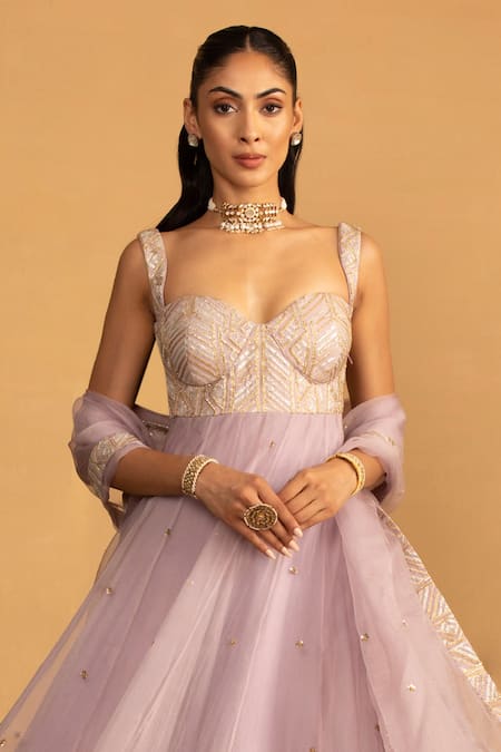 Esha Koul_Purple Organza, Georgette Embroidery, Sequins Anarkali And Churidaar Set _at_Aza_Fashions