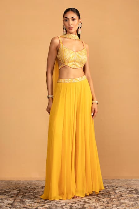 Esha Koul Yellow Georgette Embroidery Gota Geometric Blouse And Palazzo Set 