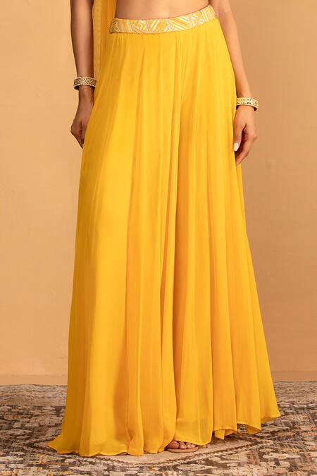 Esha Koul Yellow Net, Georgette Gota Patti Asymmetric Embroidered Blouse And Palazzo Set Online at Aza Fashions Esha Koul_Yellow Net, Georgette Gota Patti Asymmetric Embroidered Blouse And Palazzo Set _Online_at_Aza_Fashions